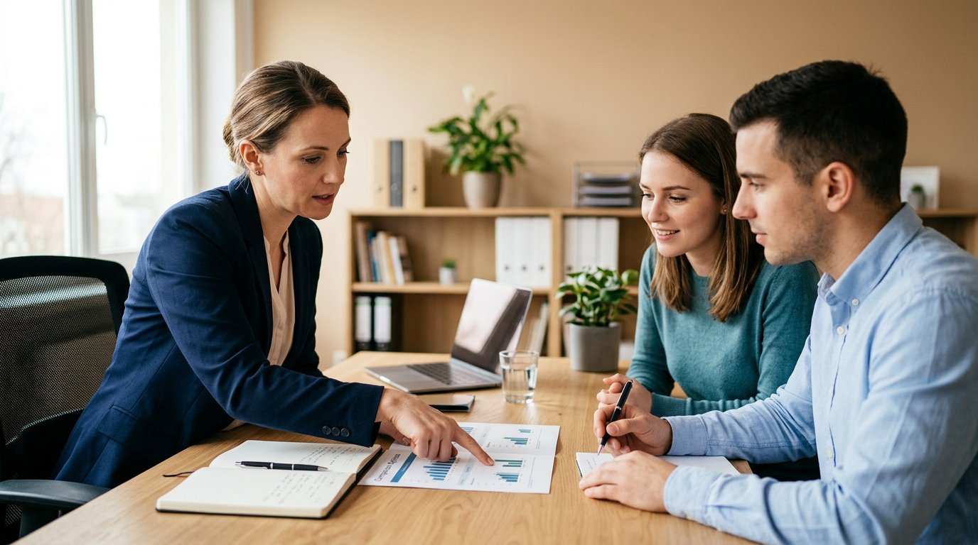 An advisor pointing at an insurance comparison sheet with a client at the desk